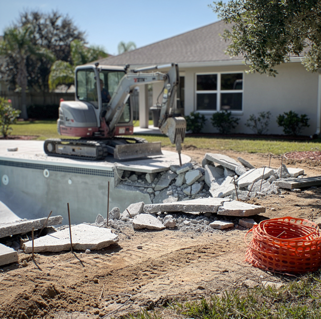 An excavator operates at a construction site with concrete debris and rebar near a residential house with trees.