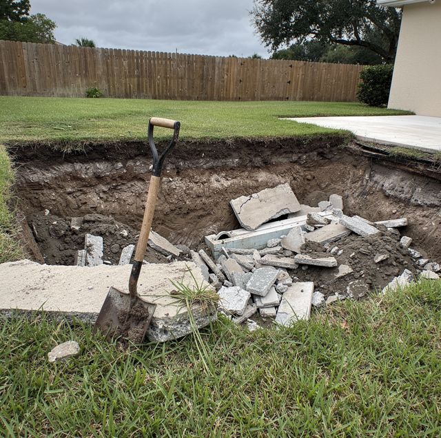 excavated pool pit packed with layered soil fill