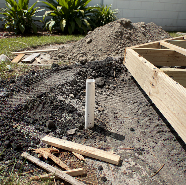 backyard pool with capped utility lines at disconnect point