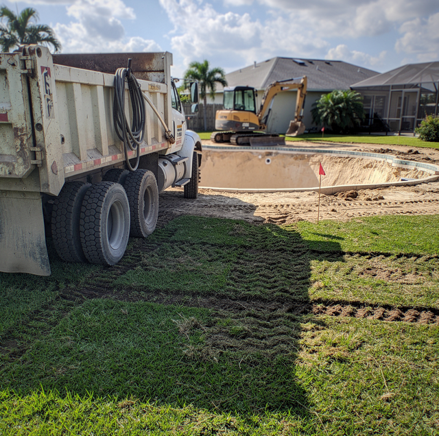 backhoe excavating beside septic tank near in-ground pool