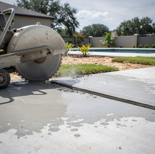 A concrete saw is cutting a sidewalk beside a swimming pool with trees and a fence in the background.