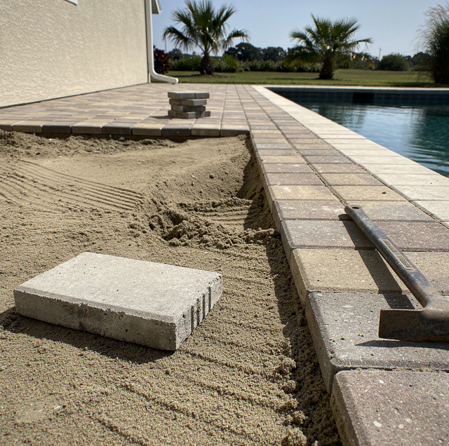 A patio under construction with sand, concrete pavers, and a pool beside a white building and palm trees.