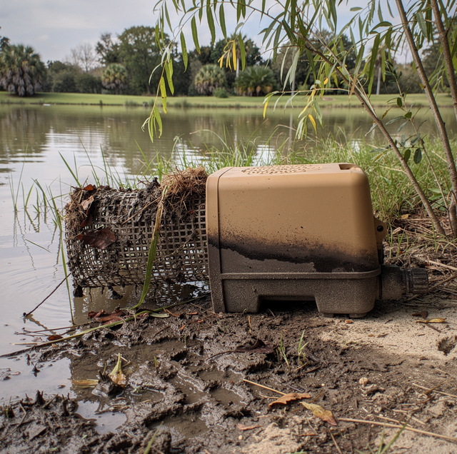 A plastic container and mesh bag sit in mud on a waterbank beside grass and overhanging willow branches.