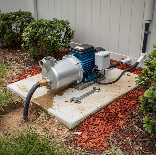 A pump system with blue motor and silver tank mounted on a concrete pad next to shrubs and mulch.