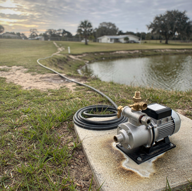 dry pasture beside weathered pond-edge irrigation pump