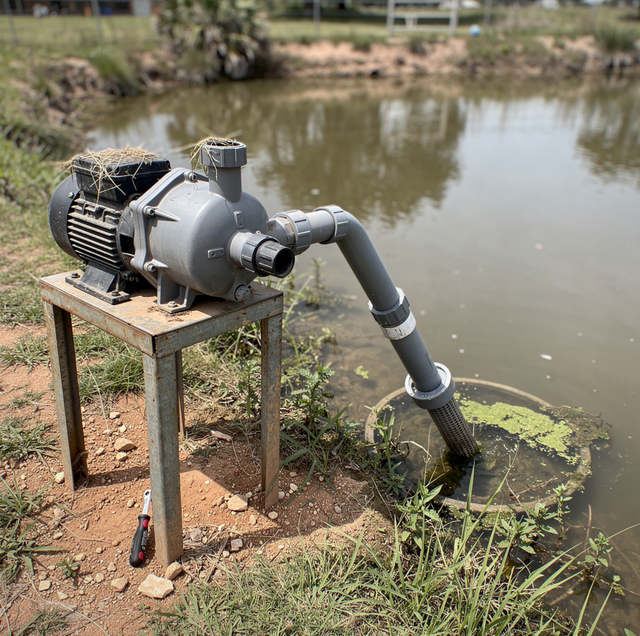 Electric pump mounted on wooden platform beside a water canal with pipe extending into the water.