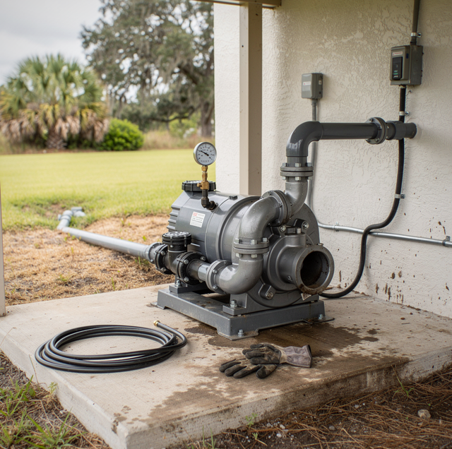 irrigation pump beside dry field at dawn