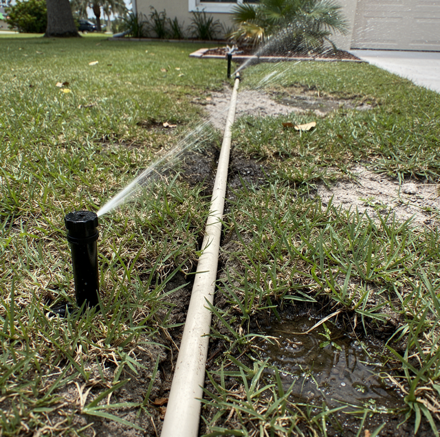 two lawn sprinkler zones watering simultaneously green grass