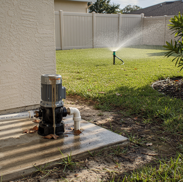 rusty sprinkler pump with cracked pressure gauge and leaking seal