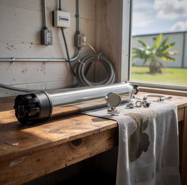 Metal cylindrical tool with clamps and screws sits on wooden table by window overlooking palm tree landscape.