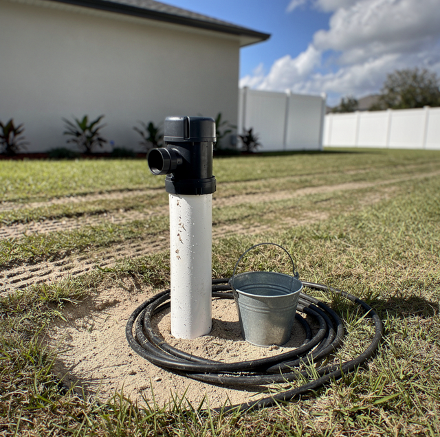 A white PVC sprinkler with black fitting sits in grass connected to a black hose and metal bucket near a house and fence.