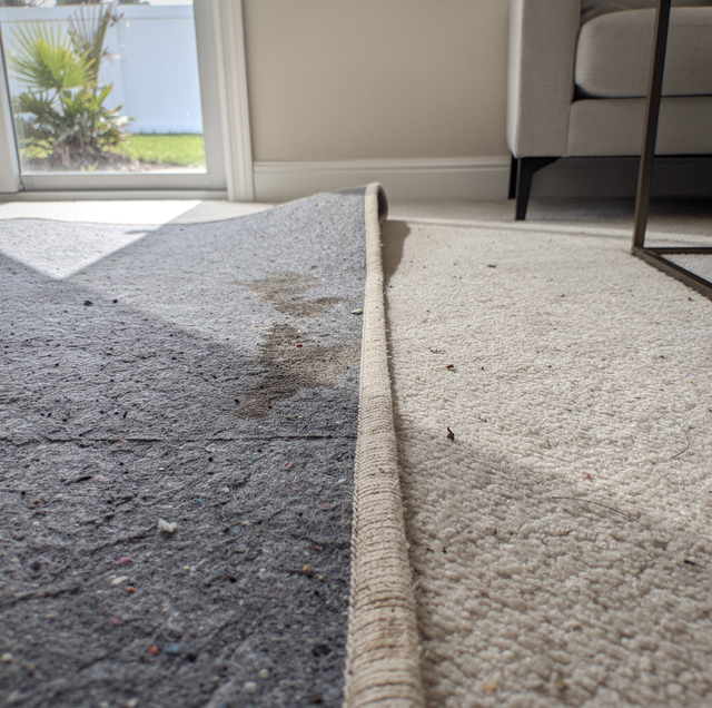 pale yellow damp carpet padding with dark stains