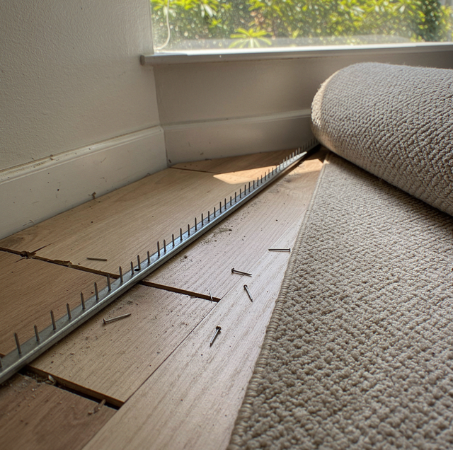 two ripped carpet layers exposing tack strip floor
