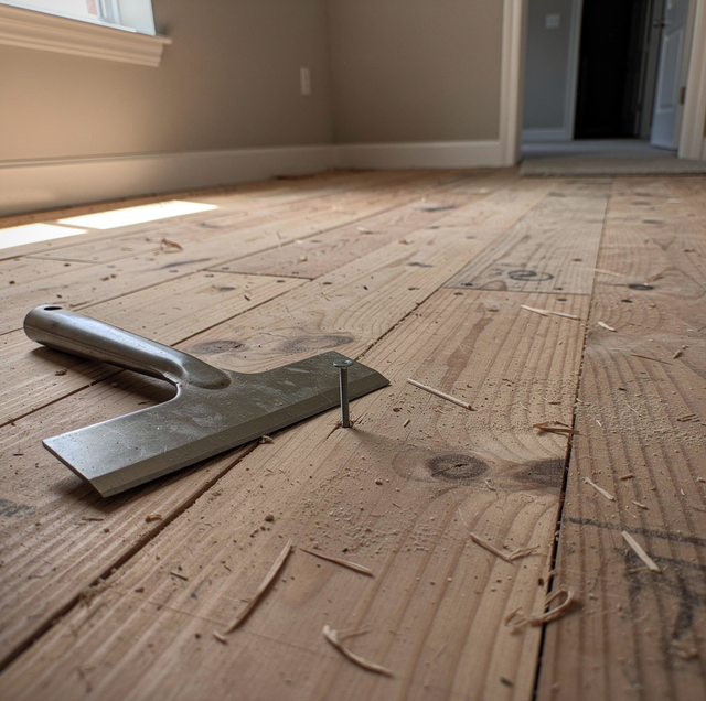 two crews meeting at bare plywood subfloor