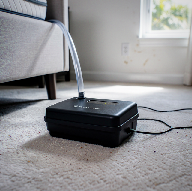 Black rectangular device with white cable sits on carpet in a room with furniture and a window.