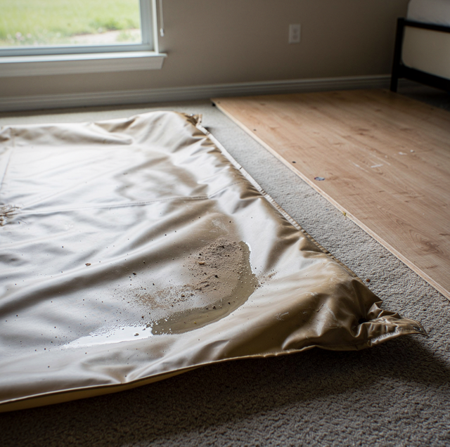 disassembled waterbed parts beside vinyl bladder and heater pad
