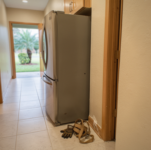 stainless steel refrigerator wedged in narrow kitchen doorway
