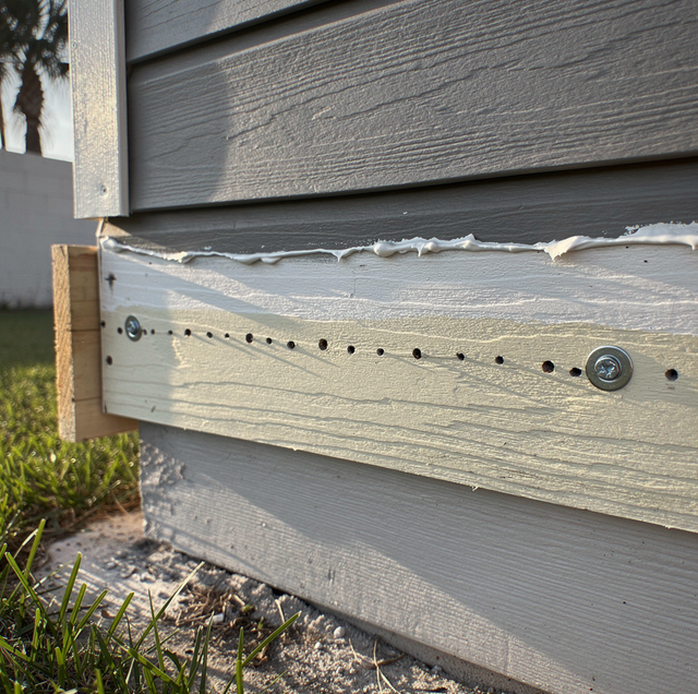 Deck ledger board removed exposing sealed fastener holes