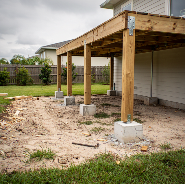 demolition crew prying wooden deck boards with pry bar