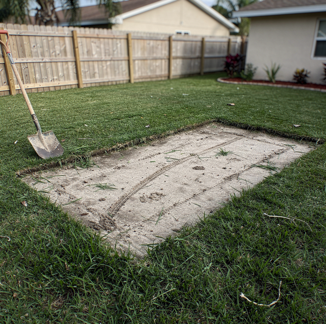 bare ground rectangle where wood deck once stood