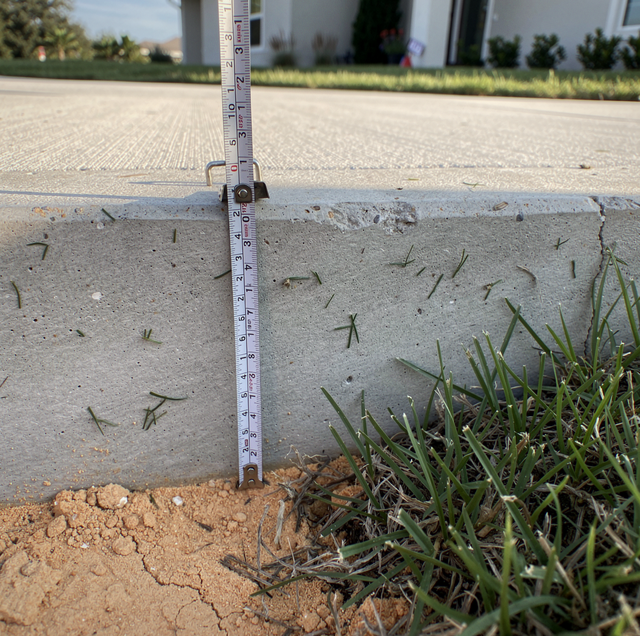 tape measure reading concrete driveway thickness at edge