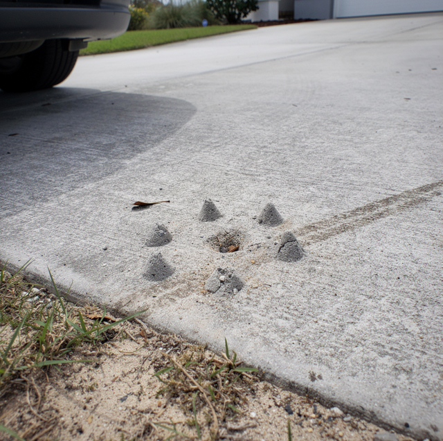 Small pebbles arranged on a concrete driveway with a leaf nearby and grass at the edge.
