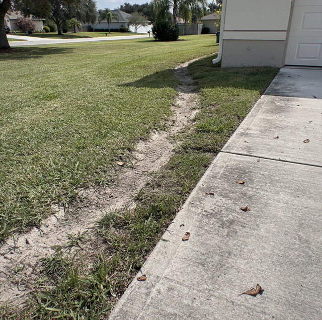 A residential driveway and lawn with an erosion channel running through the grass near the garage.