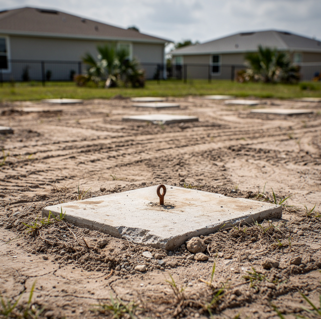 Concrete foundation pads with metal eyebolts sit in dirt near houses and palm trees under a cloudy sky.