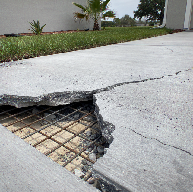 rebar exposed inside partially broken concrete slab