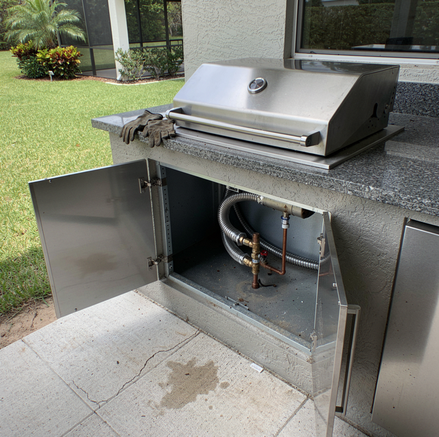 gas shutoff wrench on outdoor grill island pad
