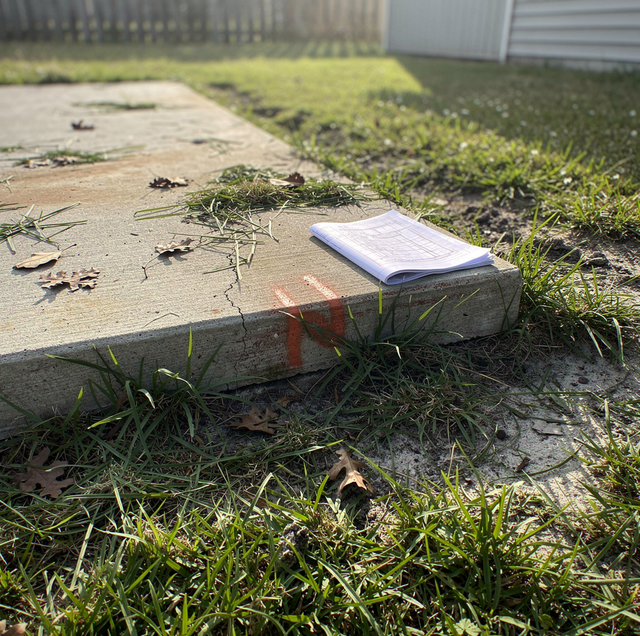 Demolished concrete slab beside construction stakes on raw lot