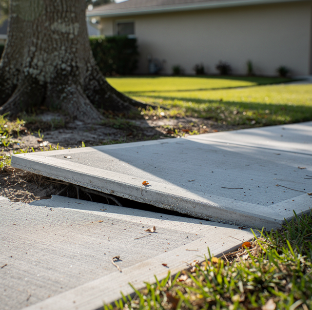 cracked concrete driveway lifted by exposed tree roots