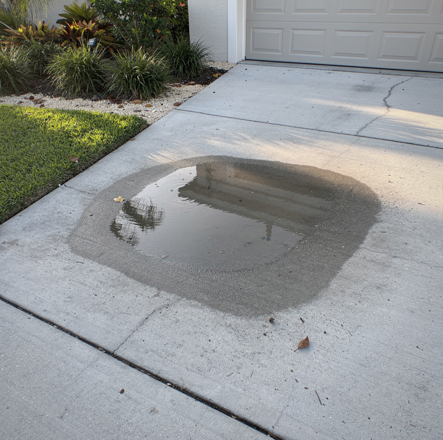 wide rain puddle on sloped concrete driveway after storm