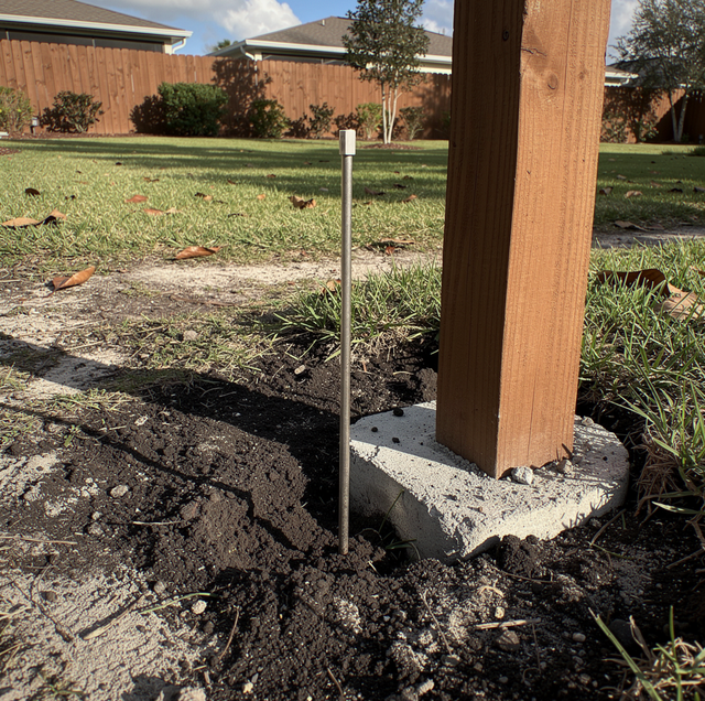rotting fence posts beside stack of old deck boards