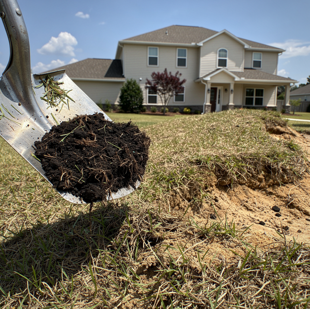 Shovel test in mound of topsoil at residential lot