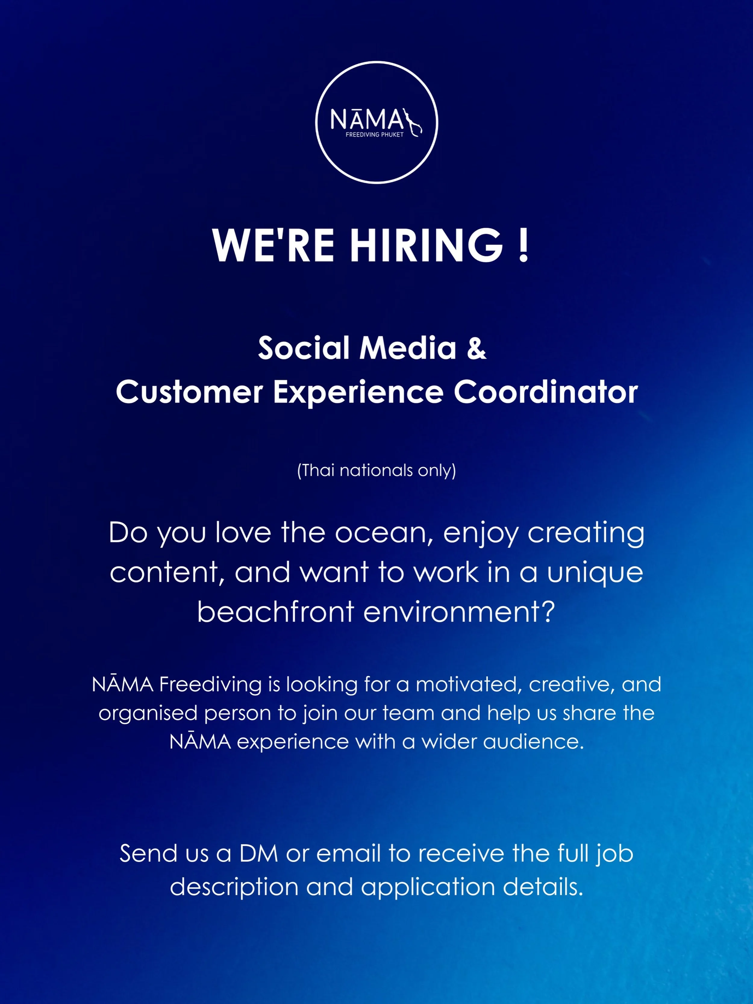 We&rsquo;re hiring! Join the NĀMA Freediving team in Cape Panwa, Phuket.

If you love content creation, the ocean, and want to work in a unique beachfront environment with our private boat docked right at the beach, we&rsquo;d love to hear from you.

