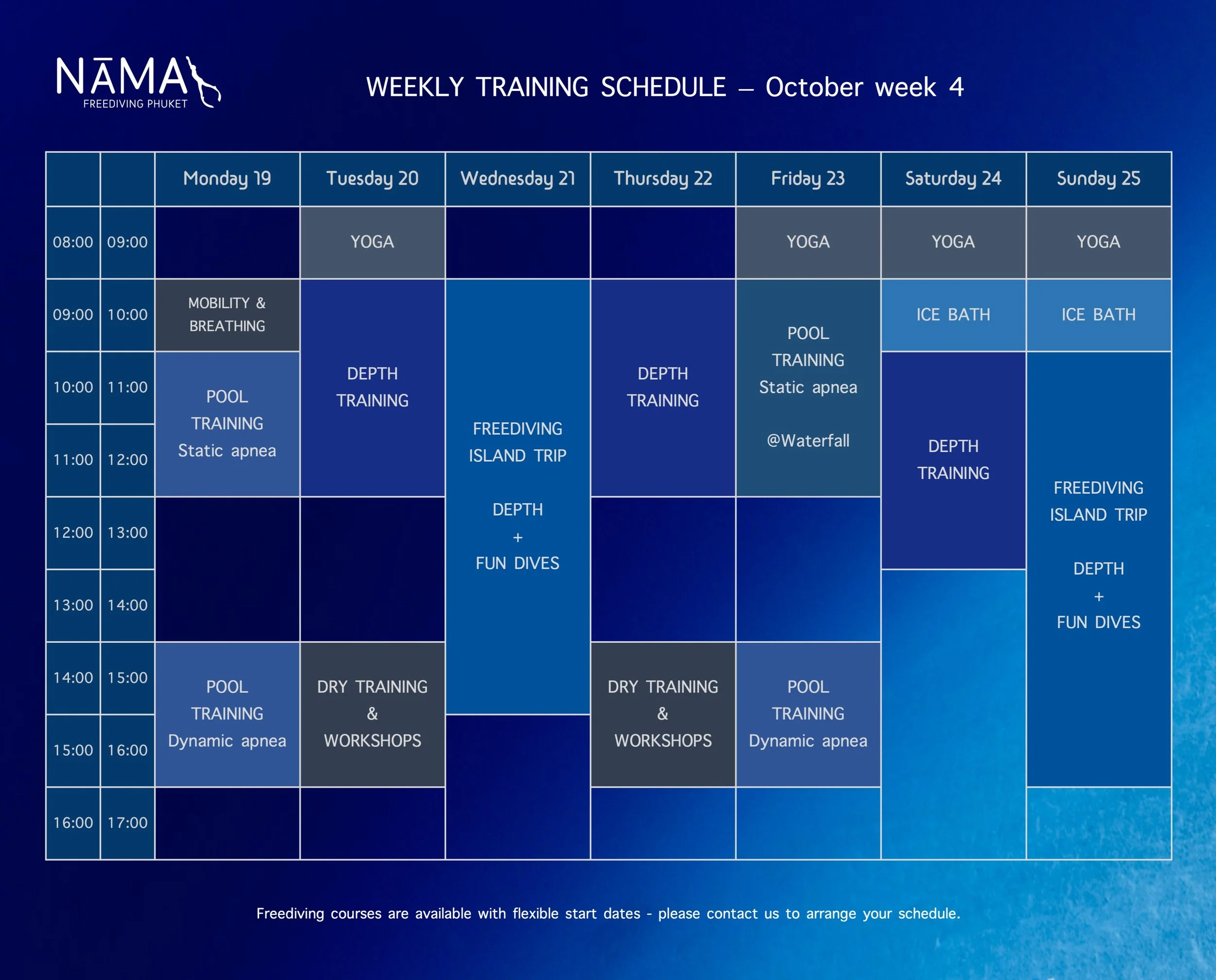 We&rsquo;re back on schedule 🤩🗓️
Our weekly training programs are restarting, and the schedules for the upcoming weeks are now available.
Join us for structured freediving training, ocean sessions, pool training, dry workshops, and good times with 