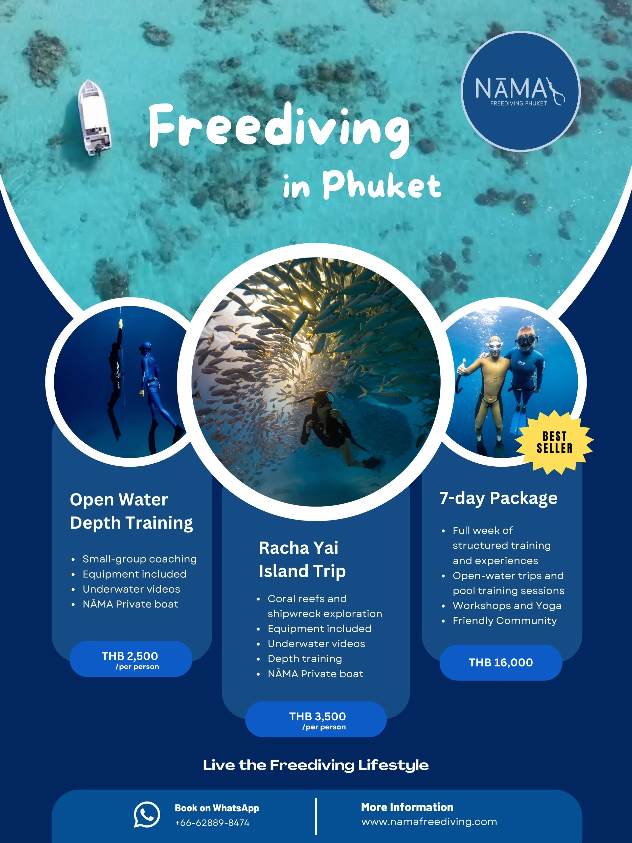 Discover Freediving with NĀMA 🏝️
More than a experience, it&rsquo;s a journey into the ocean, a chance to challenge yourself, learn new skills, and become part of a community that shares your passion for the sea. 💙
From your first experience to ins
