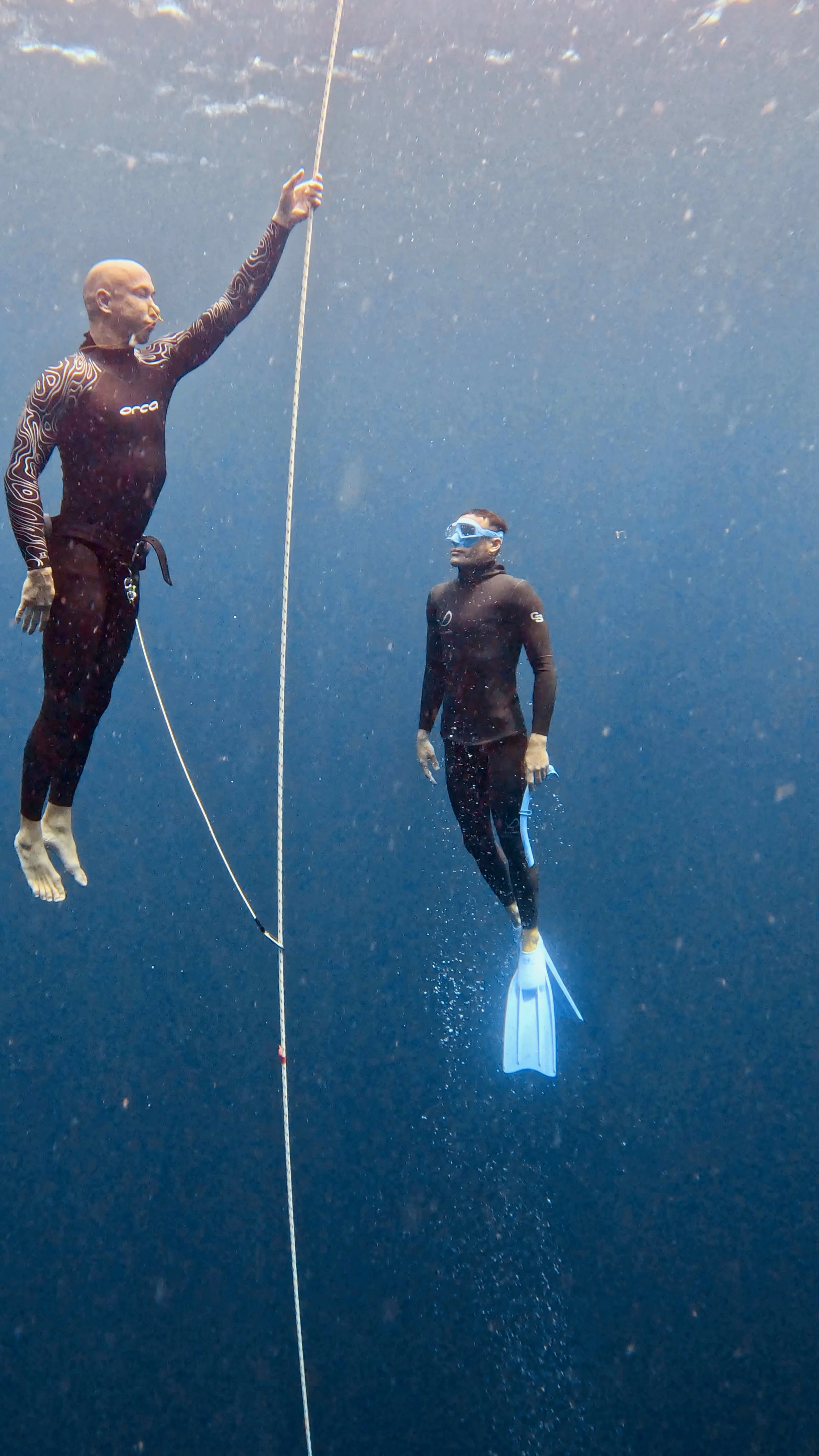 Two scuba divers underwater, one holding a line and the other with fins and diving gear.