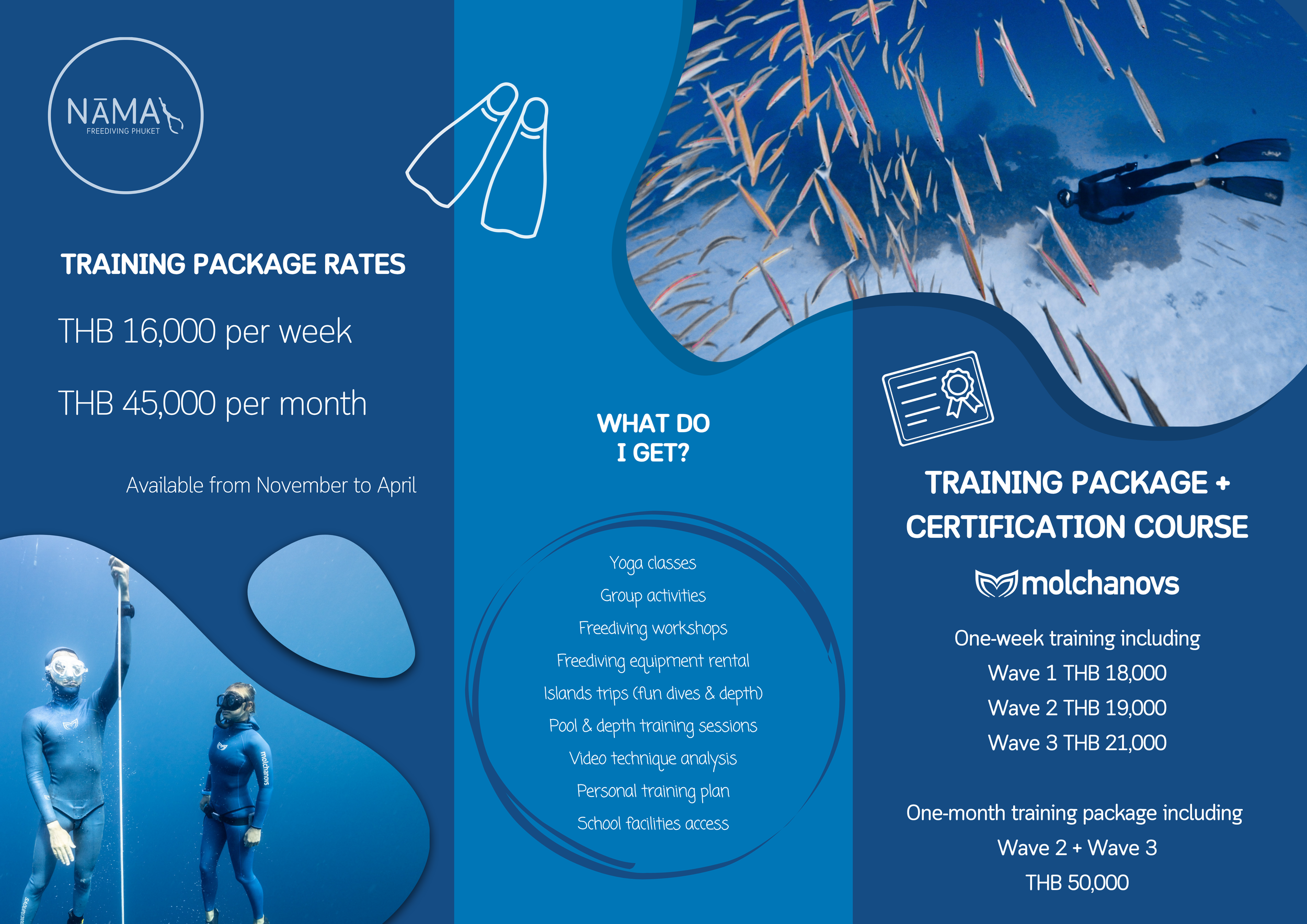 A promotional flyer for NAMA Freediving Phuket features a group of people in wetsuits and goggles underwater, surrounded by a school of fish, promoting training packages, certification courses, and personal training plans.