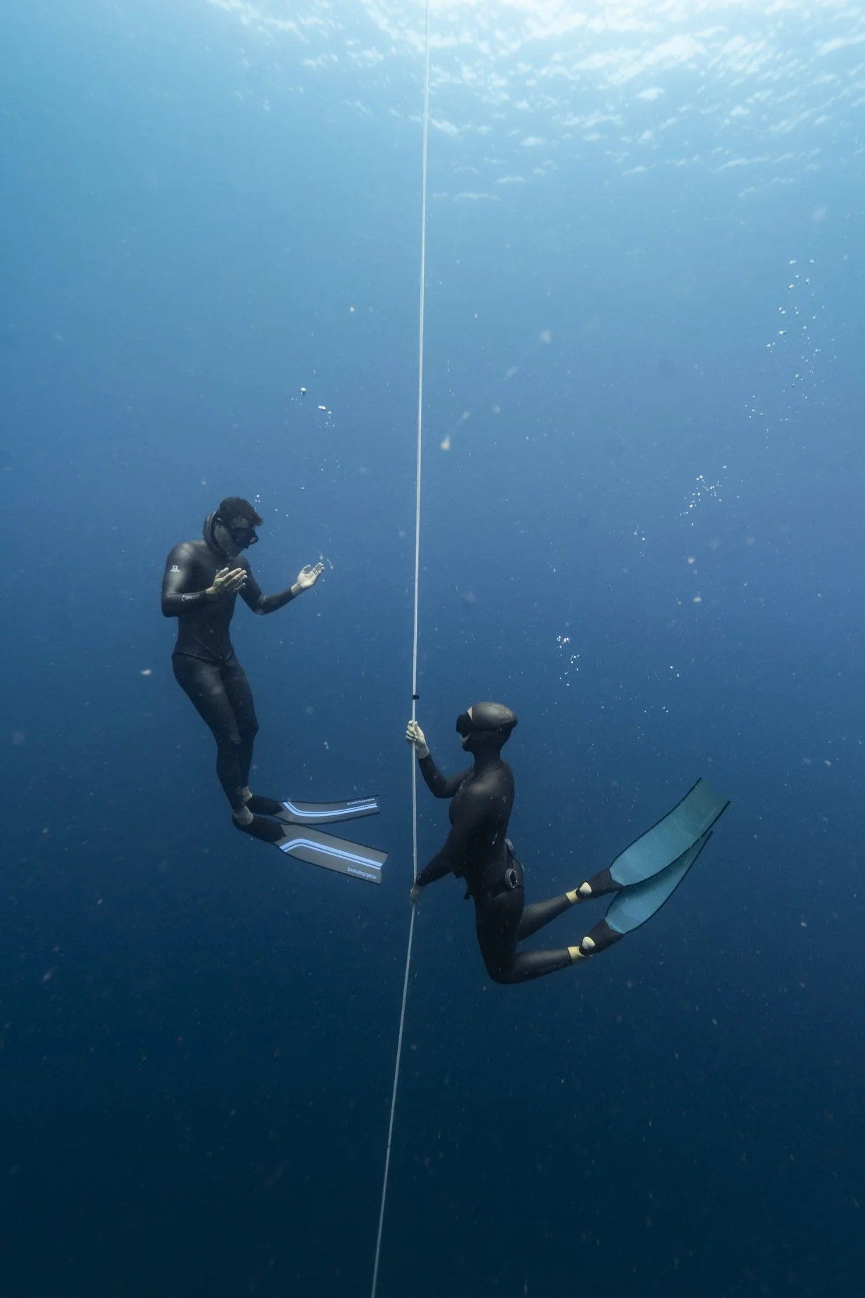 Freediver training on a depth line in Phuket