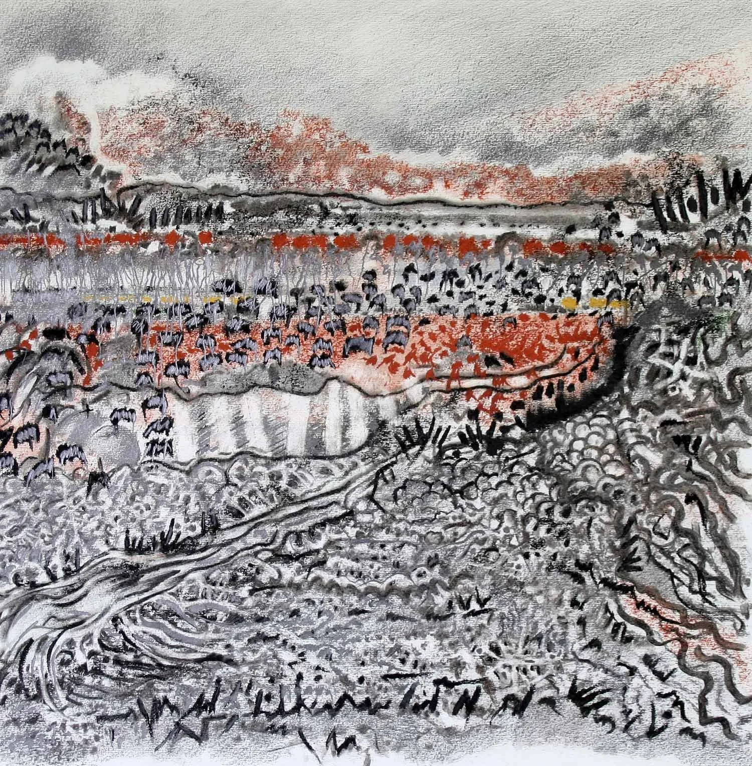 Mara abstract charcoal, graphite and red chalk. 80 x 80cm