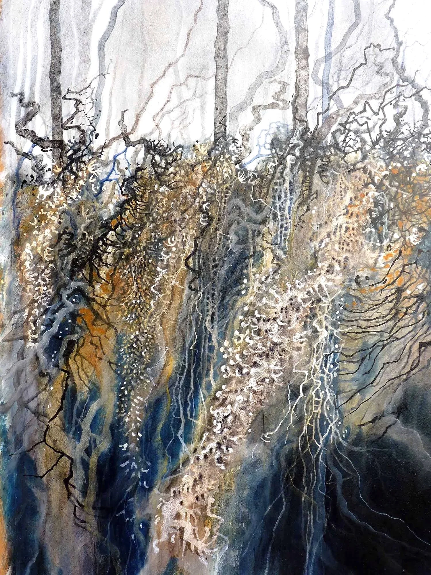 High bank with roots, acrylic on paper. 80 x 68cm (mounted)