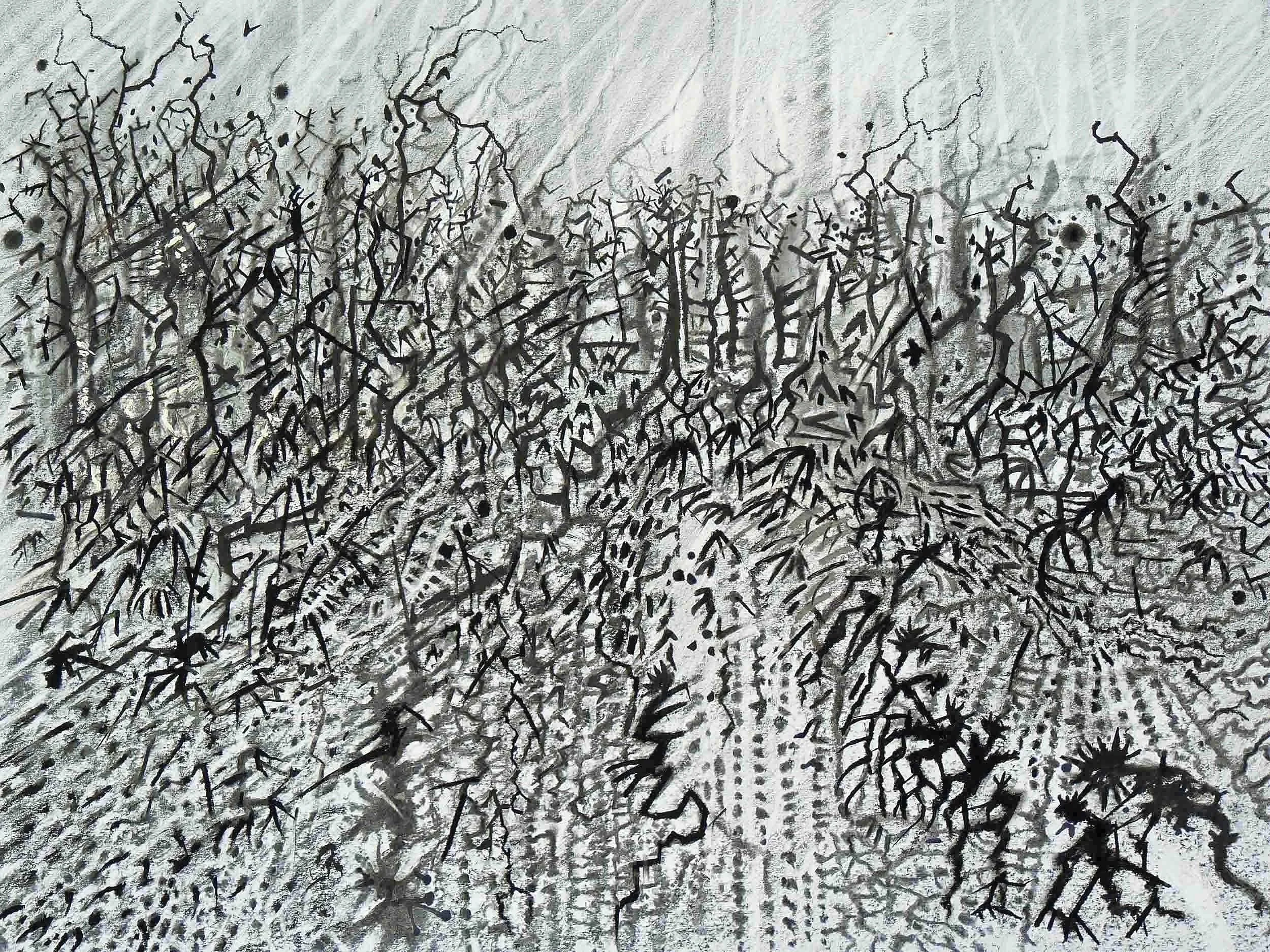 Hawthorn hedge with figures, Graphite and charcoal. 74 x 62cm (mounted)
