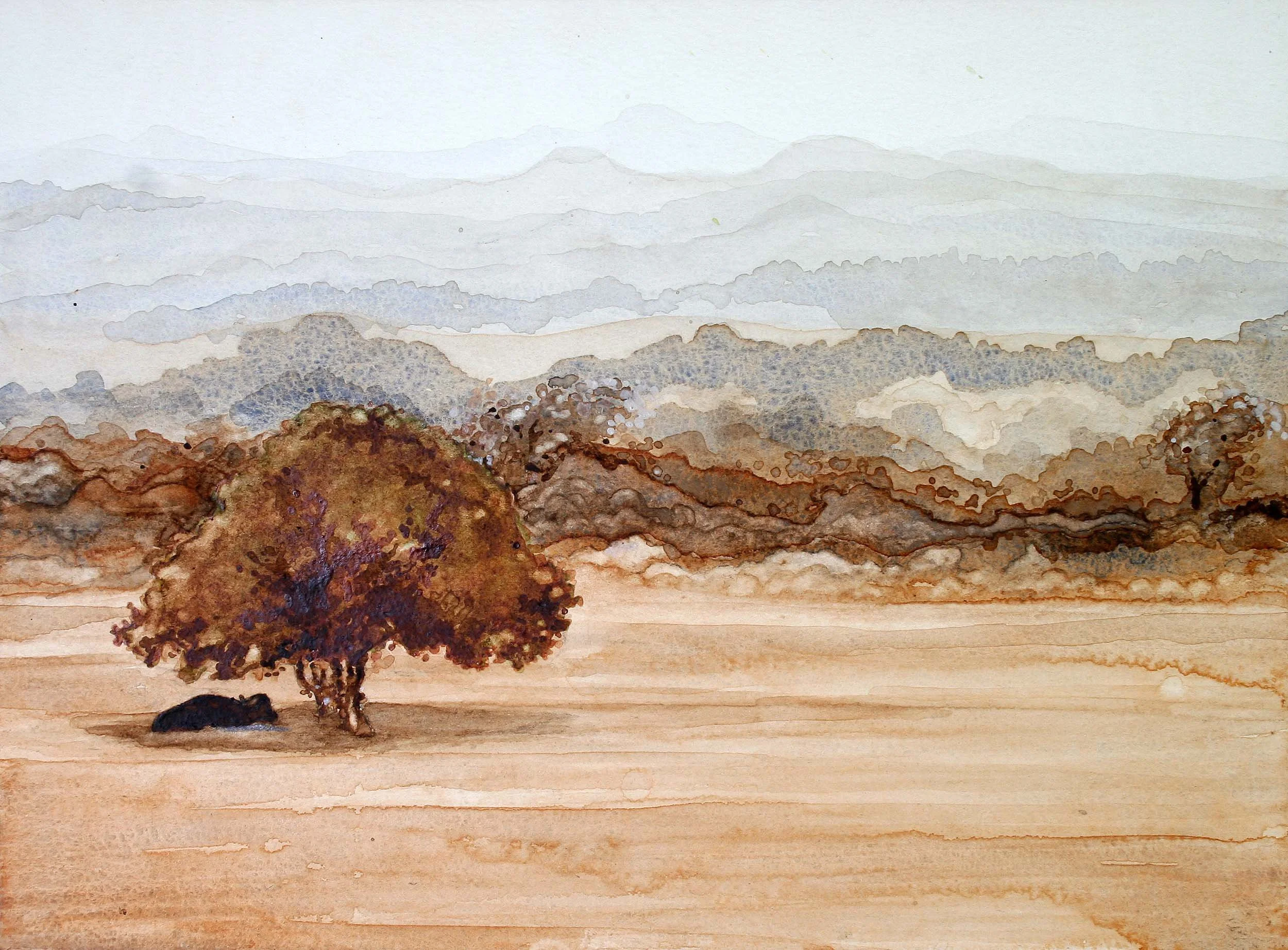 Mara with sleeping buffalo. Acrylic on paper 