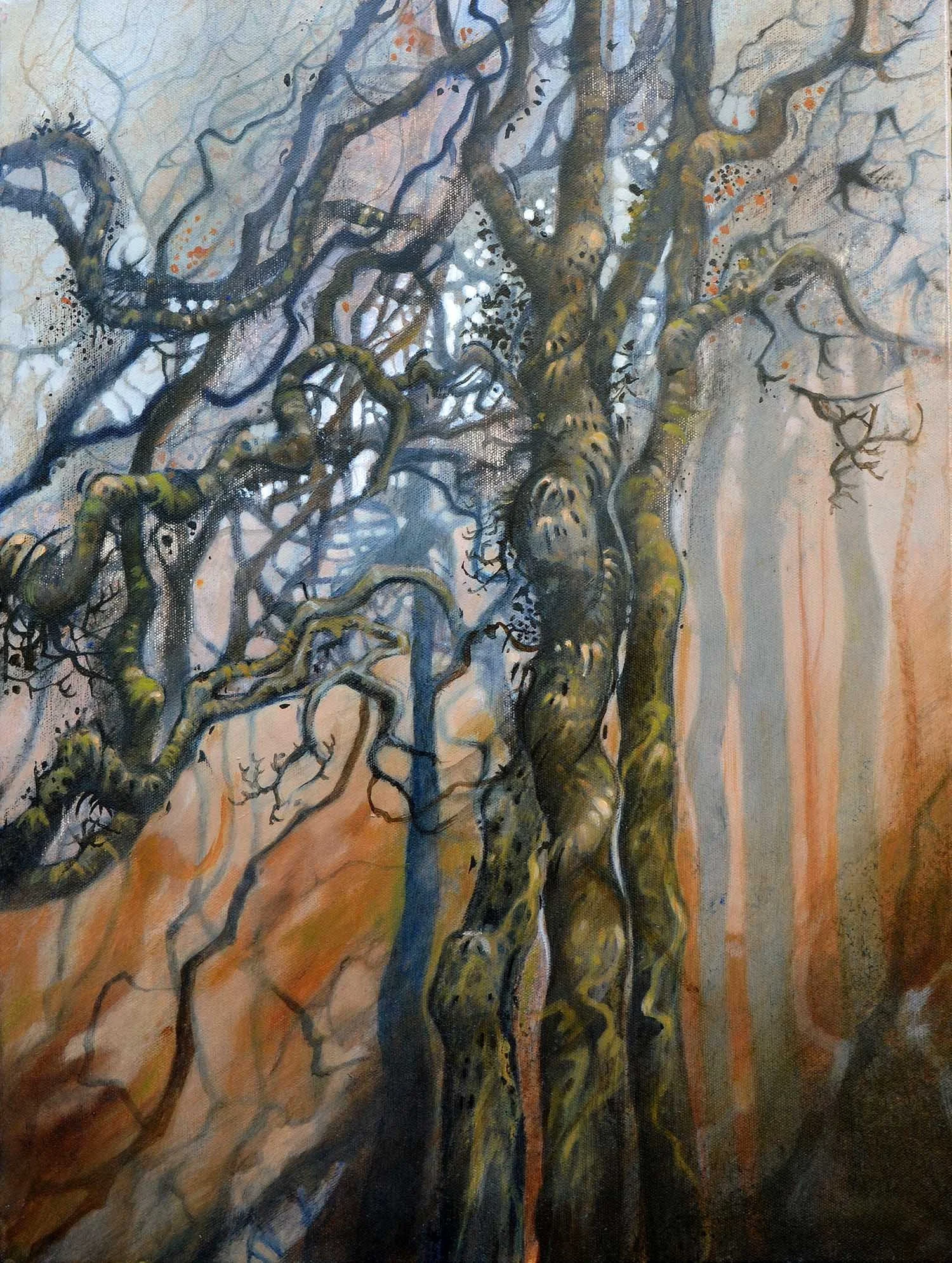 Two twisted Oaks, Dartmoor  60 x 46cm. Oil on canvas