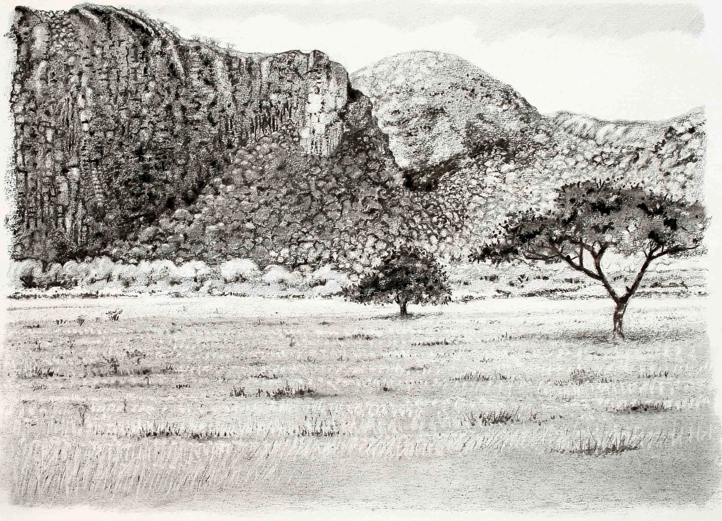 Baboon Cliff, Naivasha. Charcoal; and graphite