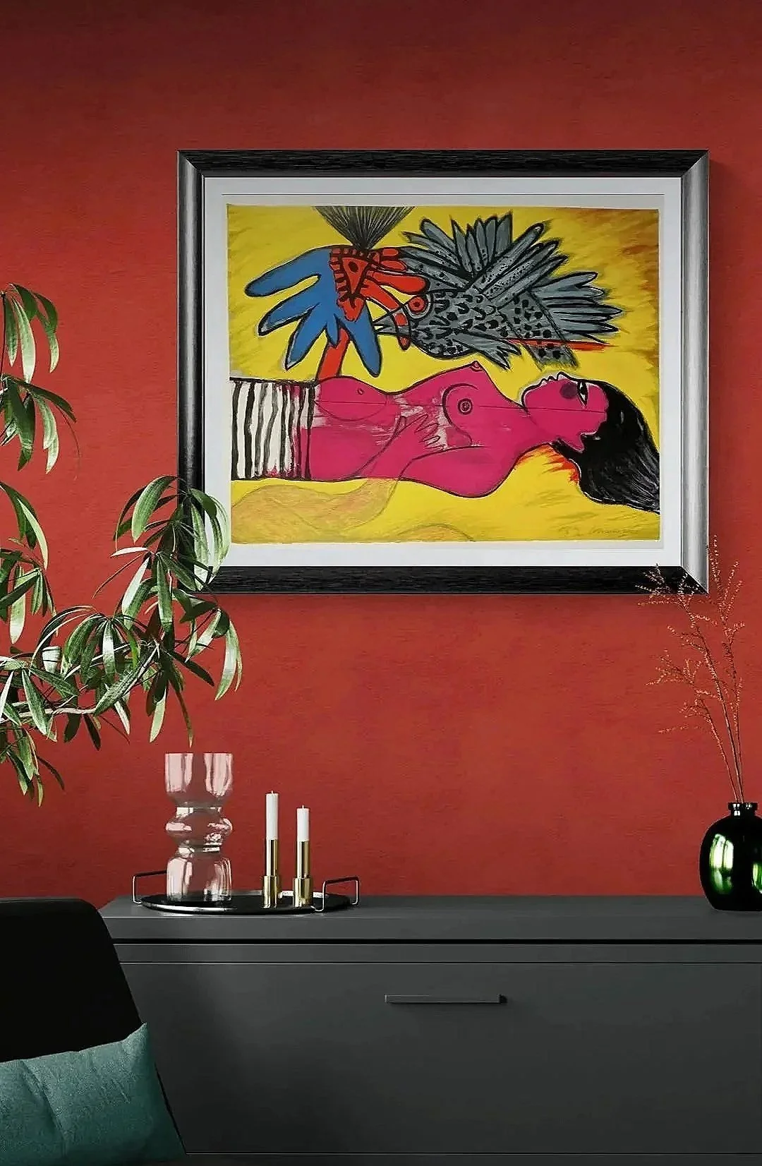 Interior mockup of Corneille’s Le temps de l’été (2001), an EA lithograph featuring a reclining woman and bird, framed above a dark sideboard against a red wall.
