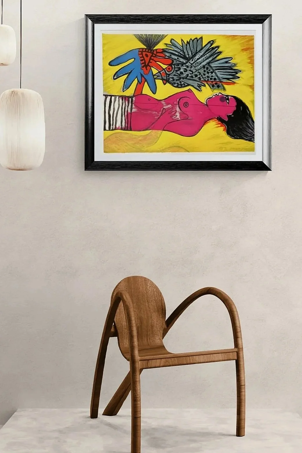 Interior mockup of Corneille’s Le temps de l’été (2001), an EA lithograph featuring a reclining woman and bird, framed above wooden chair and against a light colored wall.