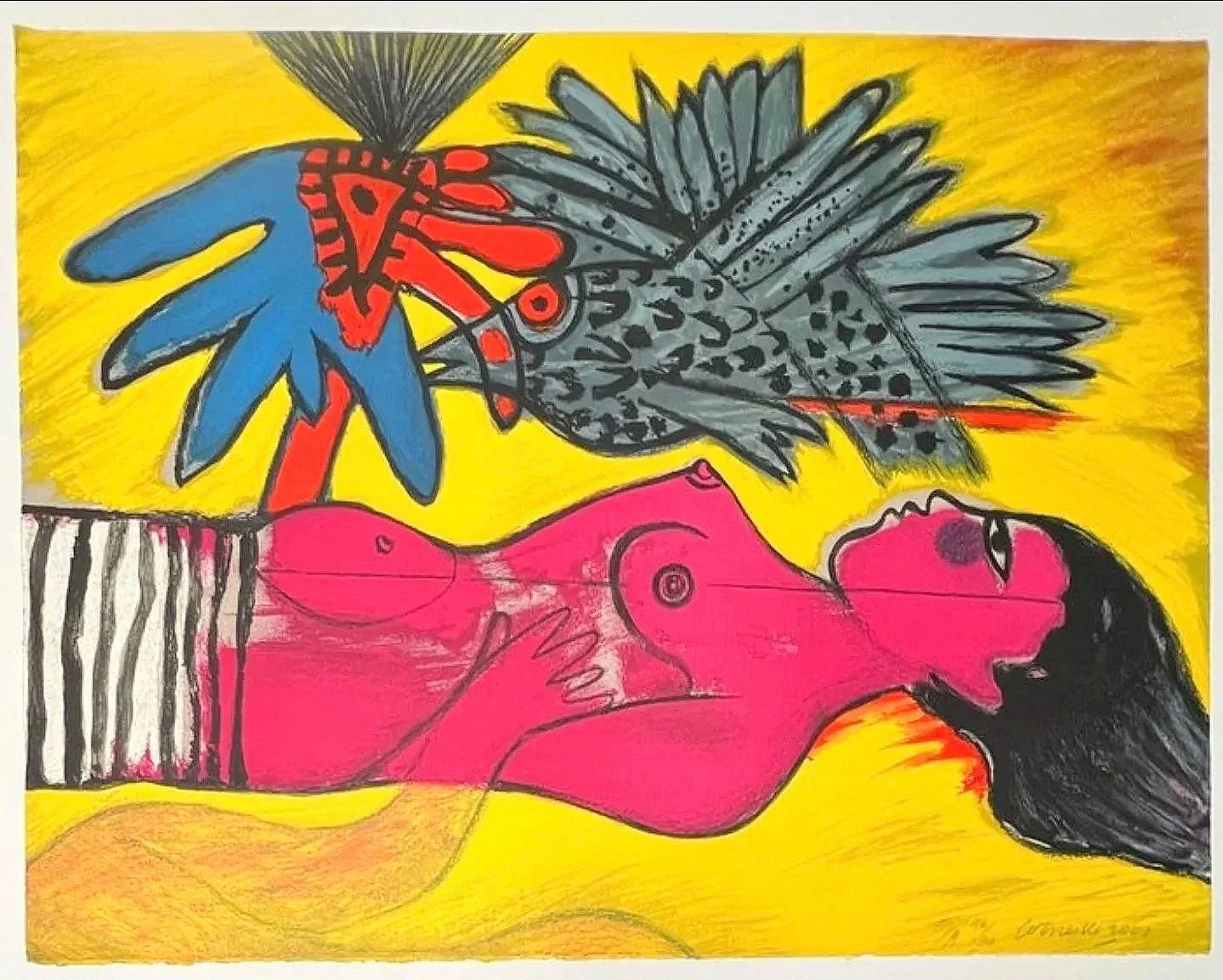 Corneille, Le temps de l’été (2001), EA lithograph depicting a reclining pink woman beneath a large grey bird against a bright yellow background.
